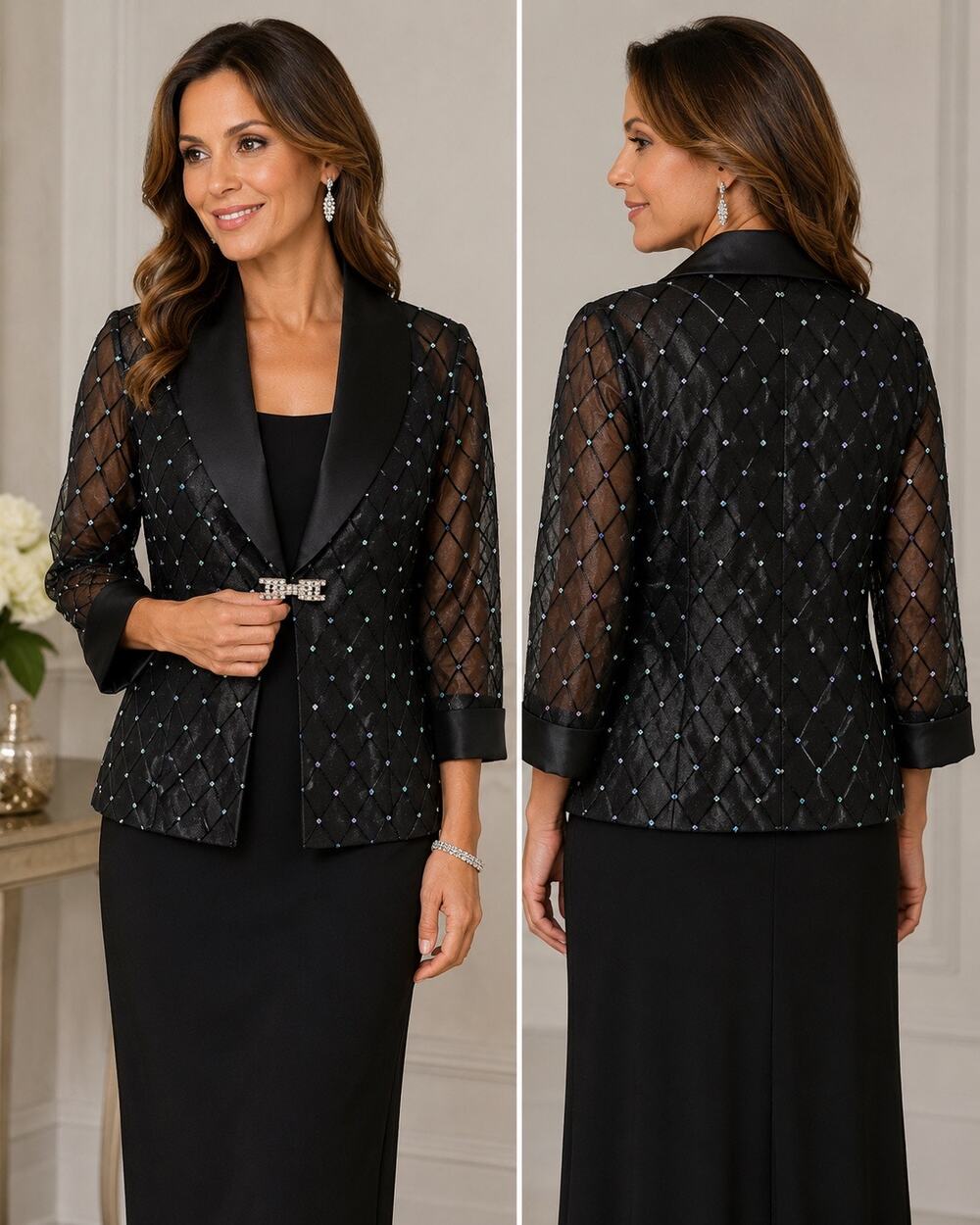 R&M Richards Black Rhinestone Sheer Evening Jacket – Size 14